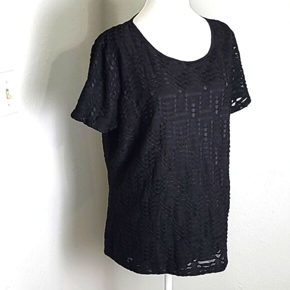 Calvin Klein Black Short Sleeve Top with a Crepe Overlay, Size XL - Picture 1 of 9